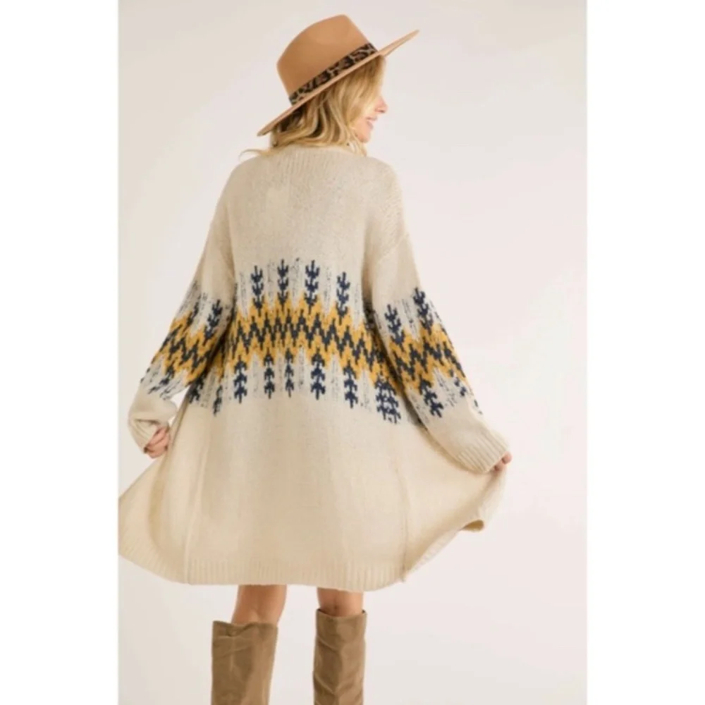 Ivory Mustard Tribal Pattern Puff Sleeve Knit Cardigan Sweater Fall Winter - Picture 7 of 7